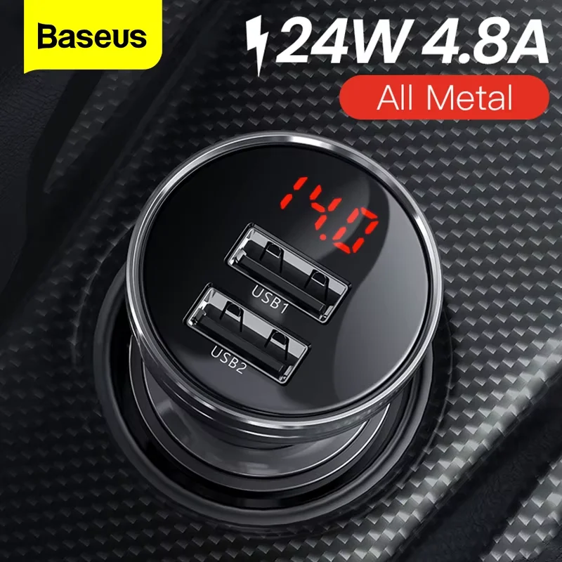 Baseus 24W Metal Dual USB Car Charger Digital Display Fast Car Charging Charger For iPhone Xiaomi Samsung Android Mobile Phone