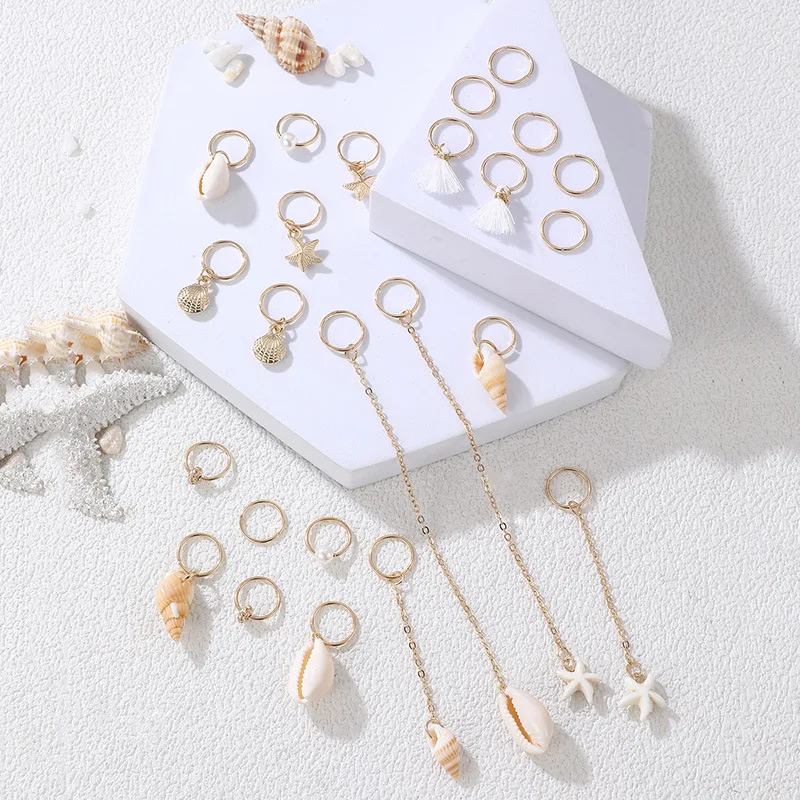 24個/袋 シェルコンチメタルドレッドヘアリングペンダントヘアアクセサリー スイートクールエッジィガールスタイル