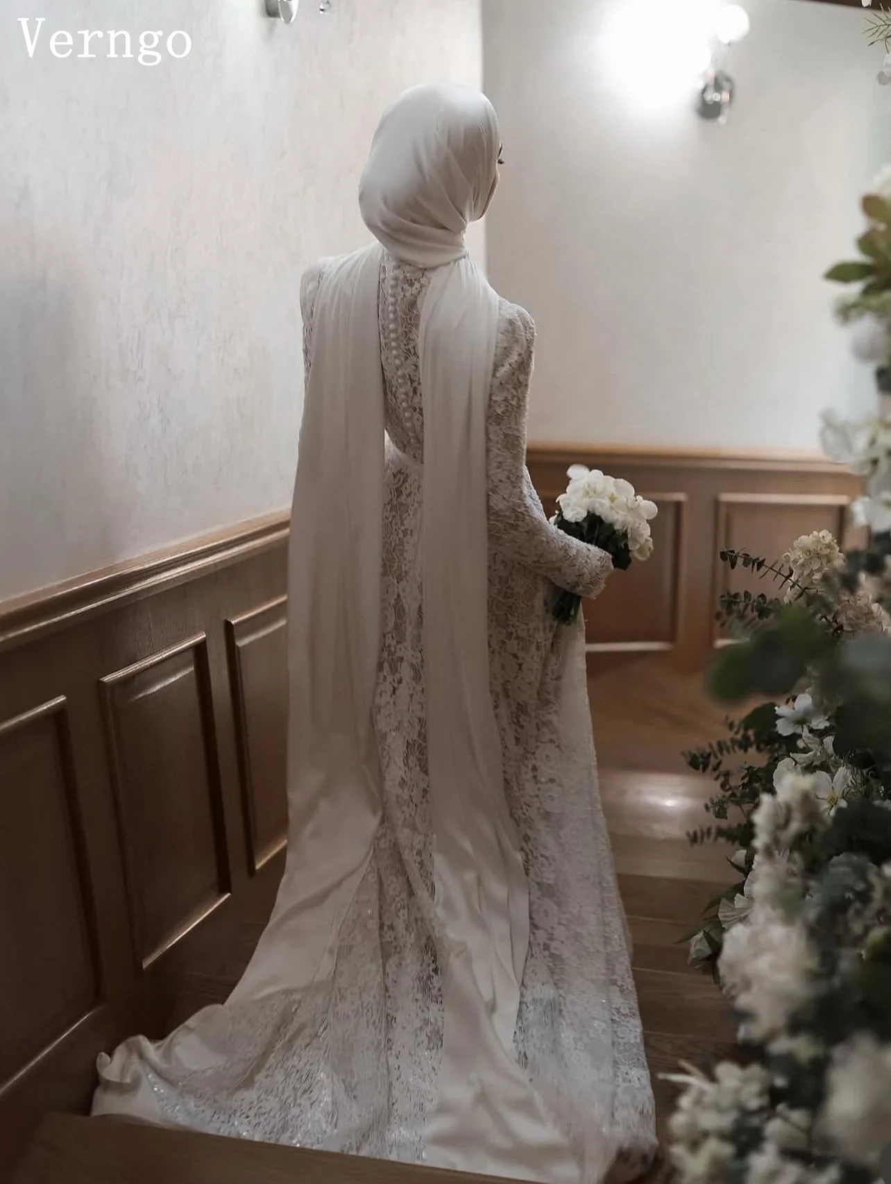 Verngo Lace Wedding Dress High Neck Full Sleeves Mermaid Bridal Gowns Mulism Prom Bride Dresses Customized