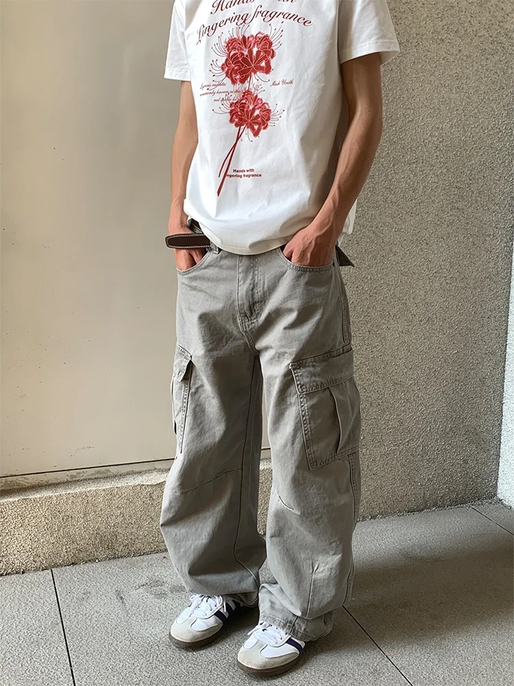 American Street Style Knife Work Pants Men's Vintage Wide Leg Hip Hop Dance Jeans Multiple Pockets Skateboard Trousers