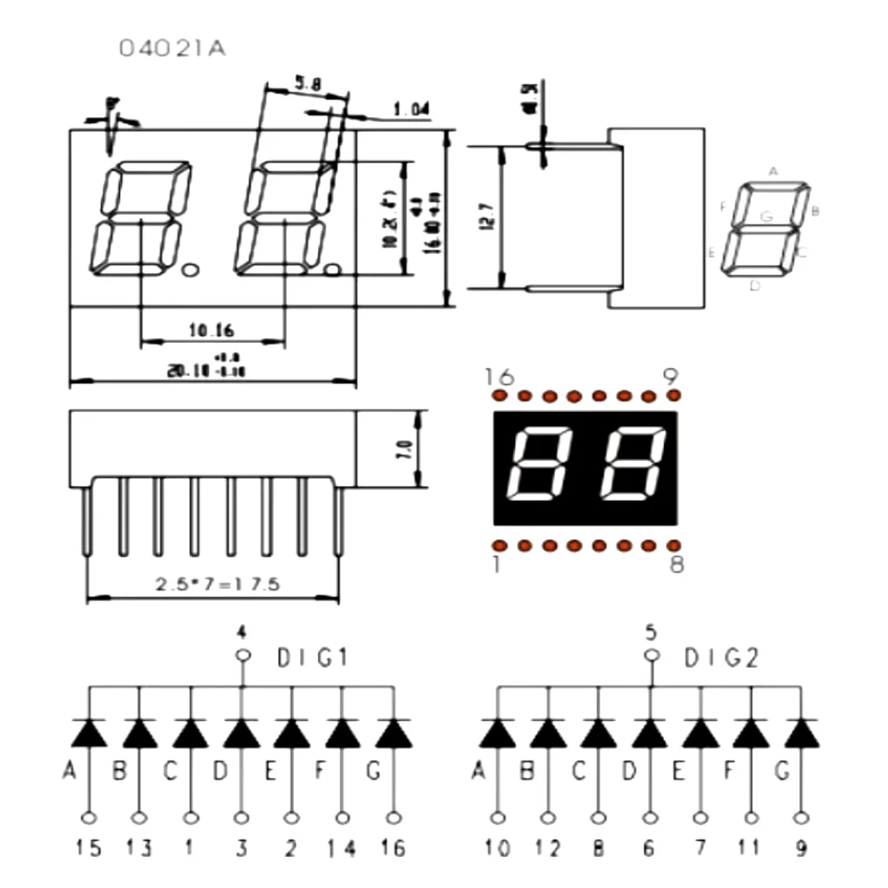 10PCS 4021AH 4021AB 4021AG 4021AW 0.4 Inch Common Cathode Two Digit Seven Segment Led Display Tube 16Pin Red Blue Green White