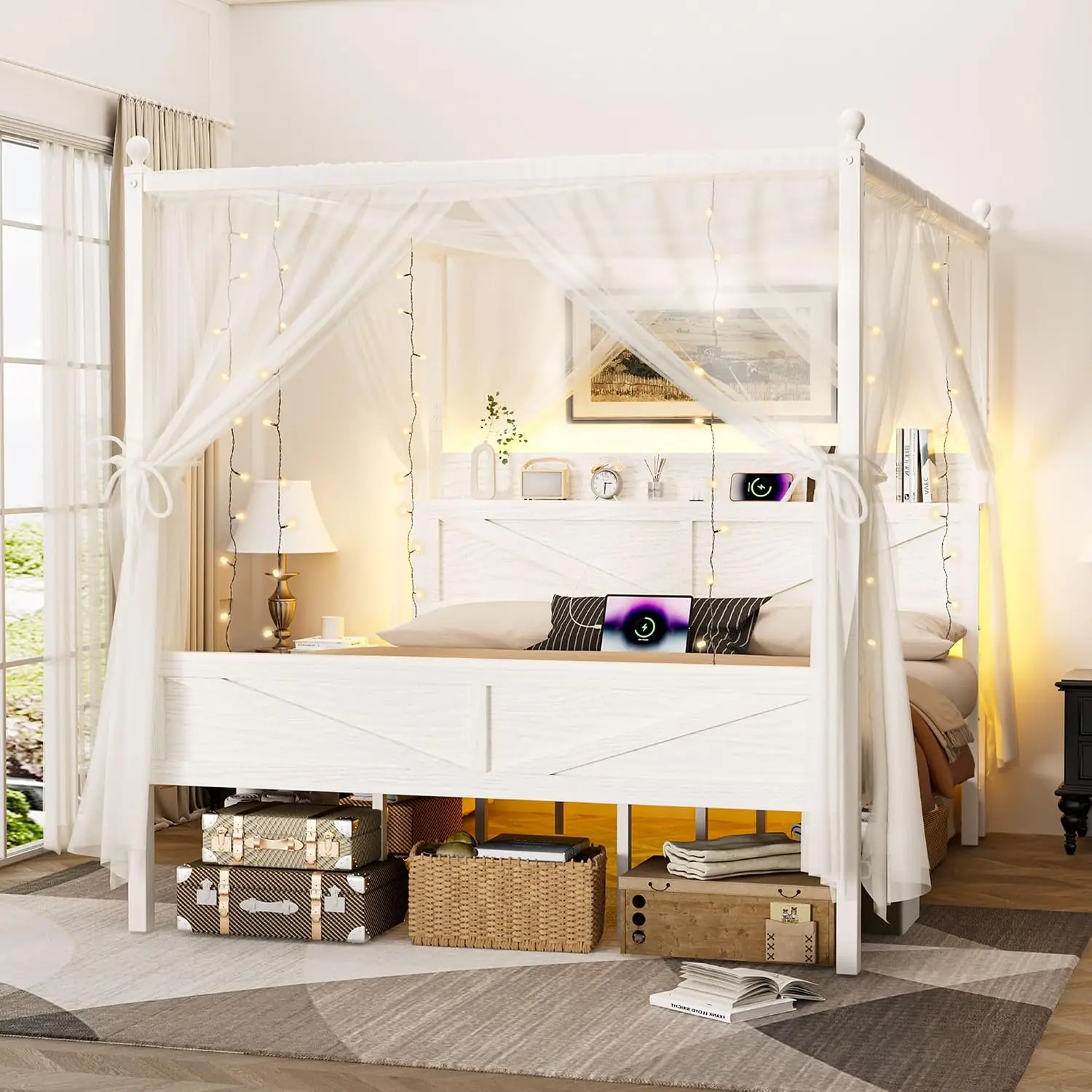 Metal Canopy Bed Frame King Size Storage Headboard, Customized
