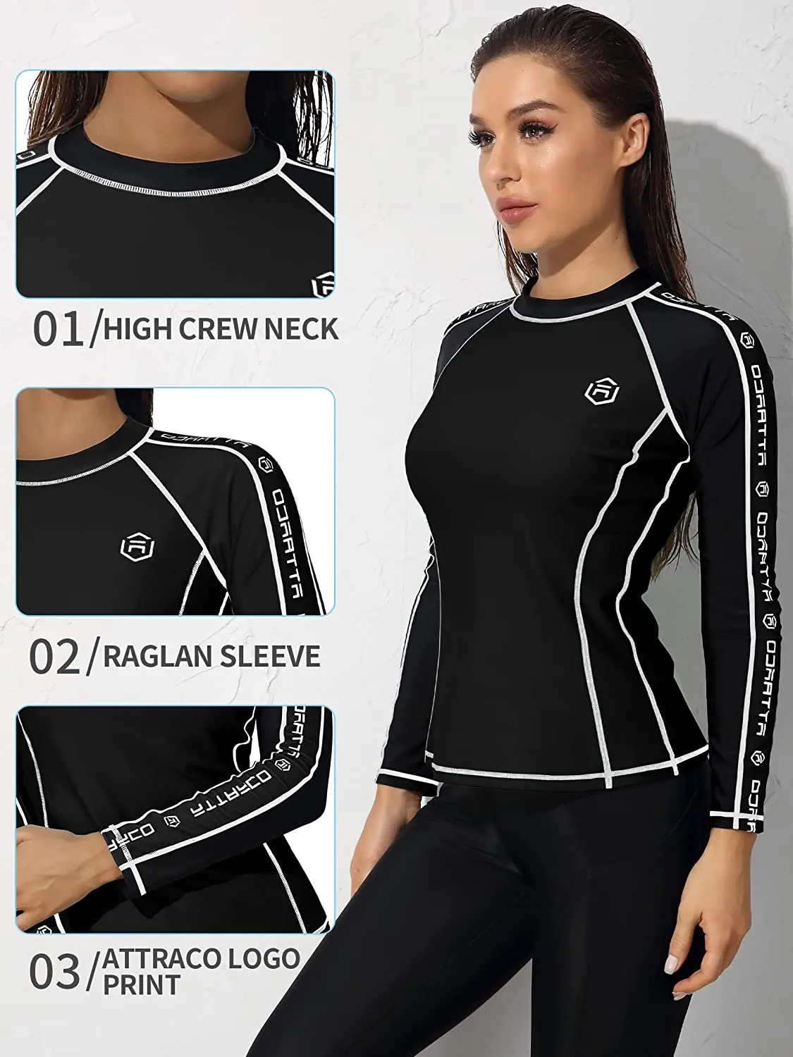 Anfilia Women Long Sleeve Rash Guard Shirts Swimwear Rash Guard Top Surf Top Close-fitting Shirt UPF 50+