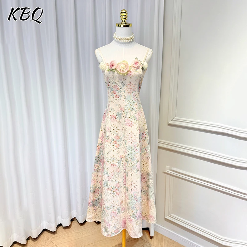 

KBQ Printing Spliced Appliques Sweet Dresses For Women Camisole Sleeveless Backless High Waist Elegant Dress Female Fashion New