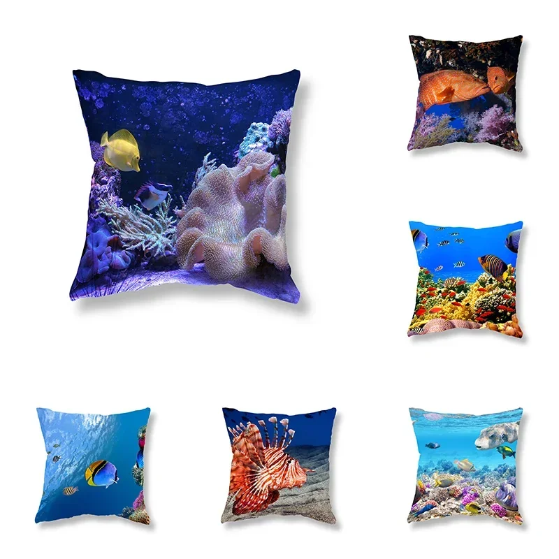 

Coral Fish Marine Life Pillowcase Sofa Decoration Office Gaming Chair Cushion Cover Room Bedside Home Decor 45x45cm