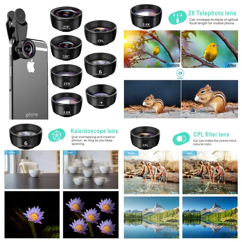 2025 جديد HD 7 في 1 /15 في 1 مجموعة عدسات الهاتف زاوية واسعة ماكرو عين السمكة العالمي 10 في 1 مجموعة ل 95% الهواتف الذكية عدسة المقربة