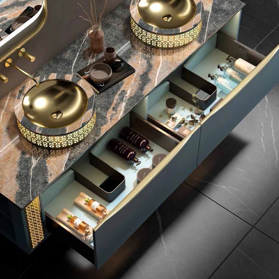 Customized Paint Free Bathroom Cabinet Luxury Golden Bathroom Cabinet Middle Eastern Drawer Bathroom Cabinet with Double Sink