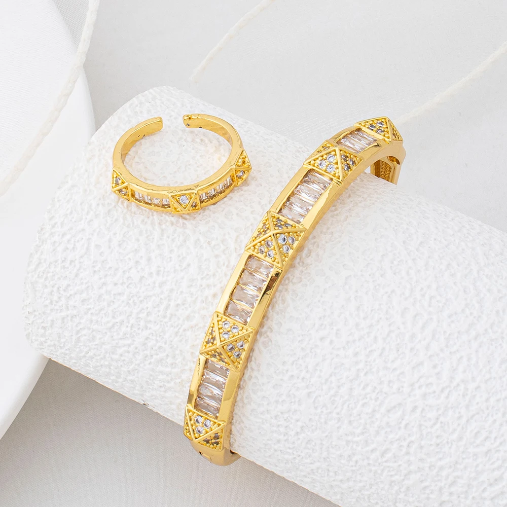 YM Jewelry Gold-plated Stainless Steel Bracelets Rings Set Pyramid Diamond Cubic Zirconia Bangle Ring Women Fashion Jewelry