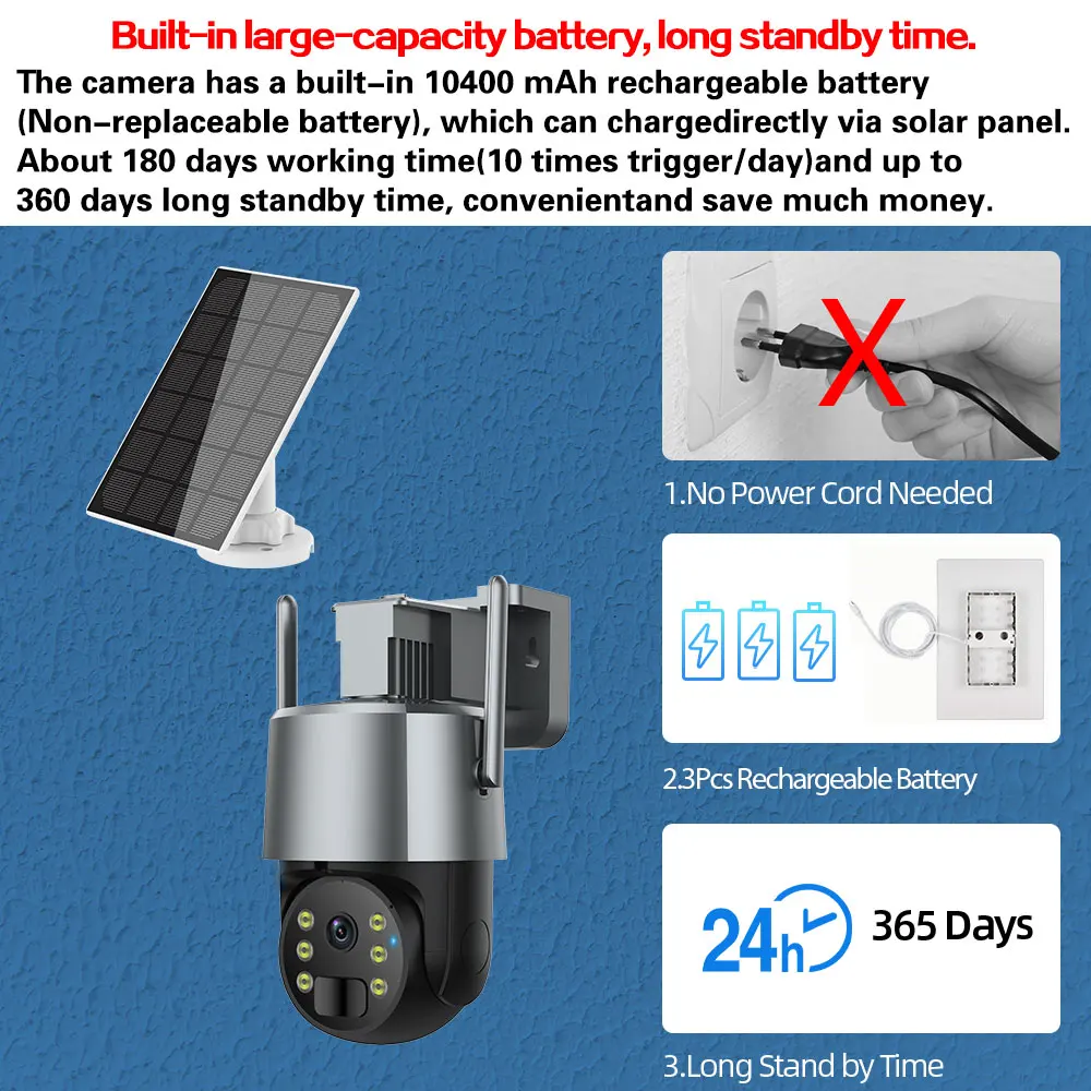 Tuya-cámara de seguridad PTZ Solar con Wifi para exteriores, videocámara de vigilancia CCTV inalámbrica con batería, visión nocturna a Color de 5MP, Smart Life