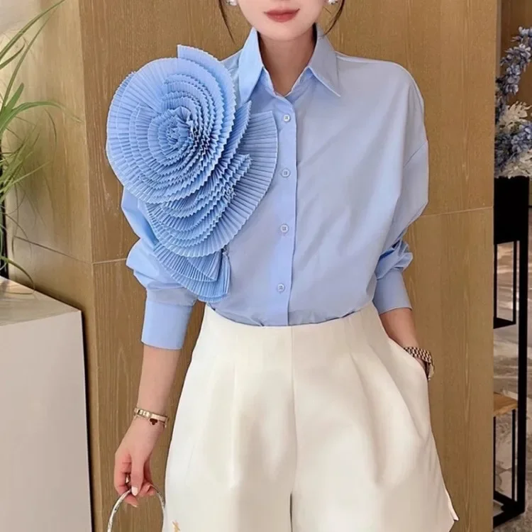 2025 Early Autumn New 3D Flower Blouses Fashion Simple Lapel Neck Blusas Mujer Y2k E-Girl Long Sleeve Loose Shirts Women