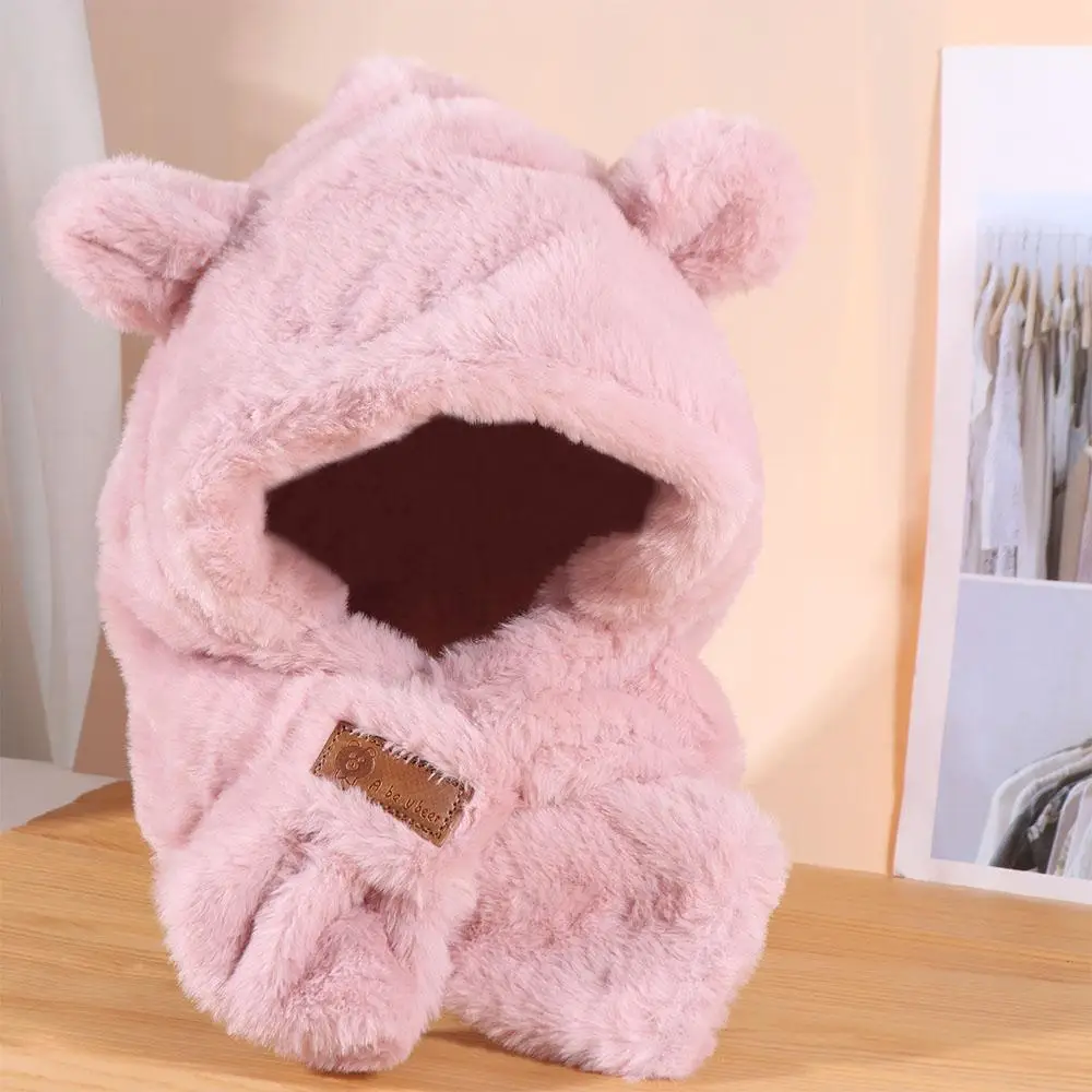 

Lovely Winter Baby Bear Plush Hat Soft Warm Windproof One-Piece Hat Scarf Faux Fur Outdoor Ear Protection Hats Kids
