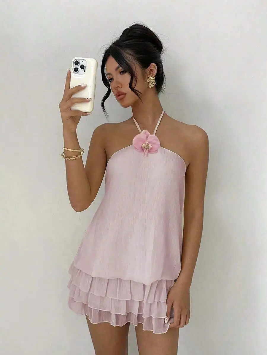 

Womens Pink Halter Neck 3D Floral Ruffle Hem Mini Dress