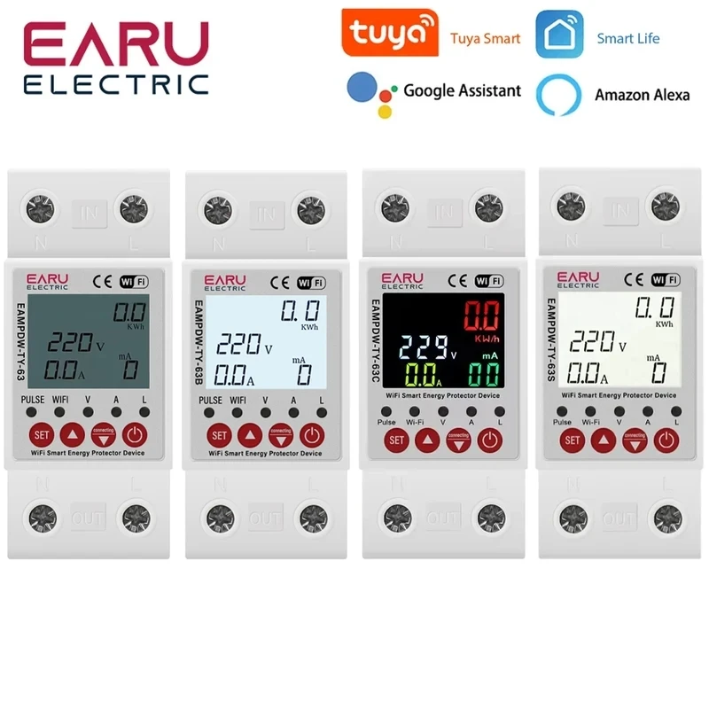 2P 63A 230V Tuya WiFi Smart Energy Meter Power kWh Meter Earth Leakage Over Under Voltage Protector Relay Device Switch Breaker