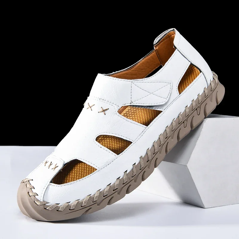 صنادل جلدية رومانية صيفية للرجال - نعل ناعم غير قابل للانزلاق كاجوال للرياضات الخارجية والقيادة على الشاطئ