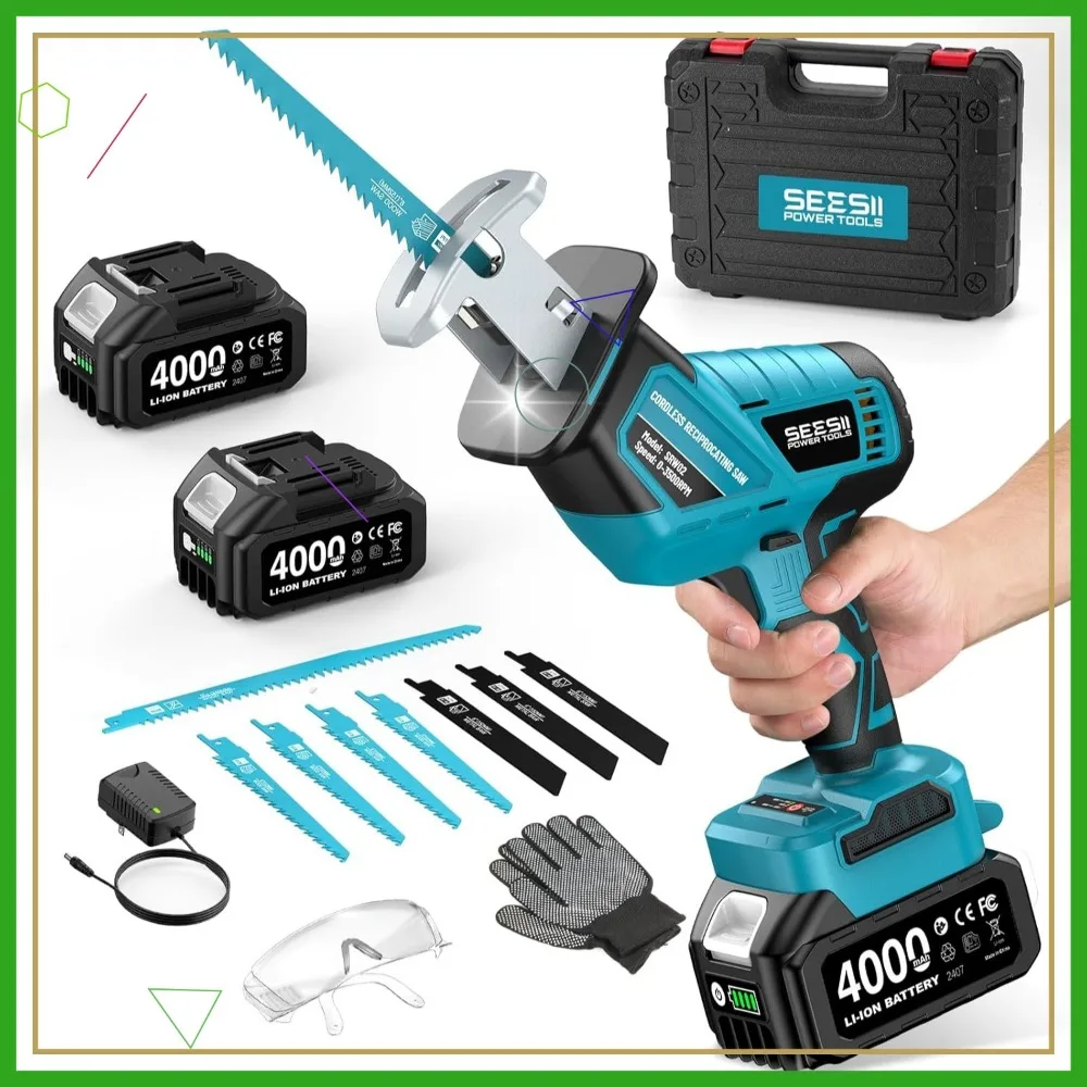 Cordless Reciprocating Saw with 3500 RPM Brushless Motor, 8 Blades, 2 Batteries, LED Light for Wood PVC Cutting