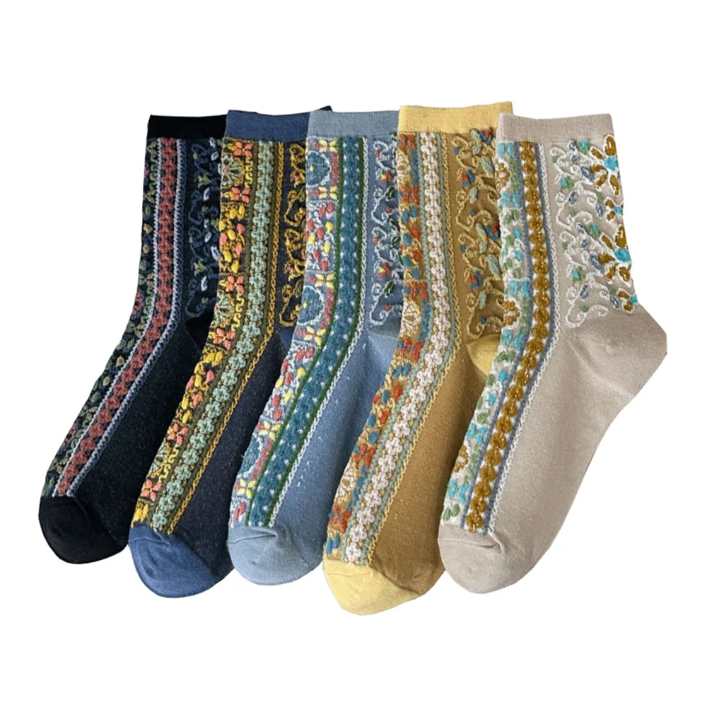 Conjunto de calcetines Vintage de estilo étnico para mujer, medias largas con estampado bonito y dulce de tubo medio, ropa de calle de otoño e invierno, 5 par/lote