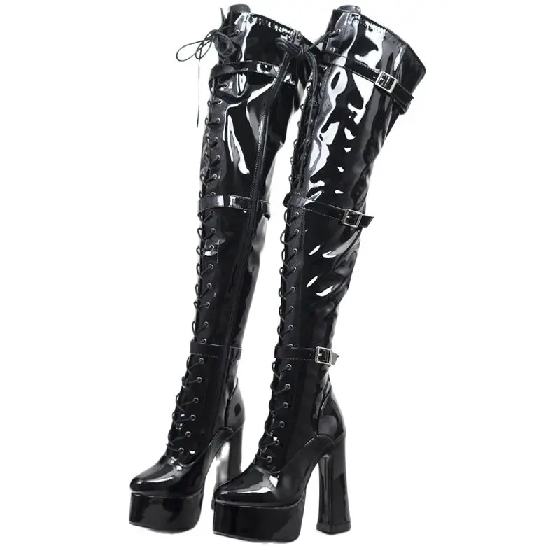 Women Thigh High Boots 15CM Block Heel Platform Cross-tied Over-the-Knee Long Boots Size 36-46