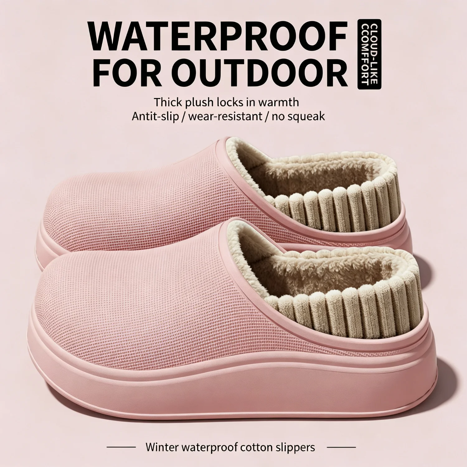 Wasserdichte Winter-Hausschuhe für Damen und Herren, 4 cm dicke Sohle, flauschig warm, für den Innenbereich, rutschfest, mit Fell gefüttert, weiche, gepolsterte Clogs. – Detail 6