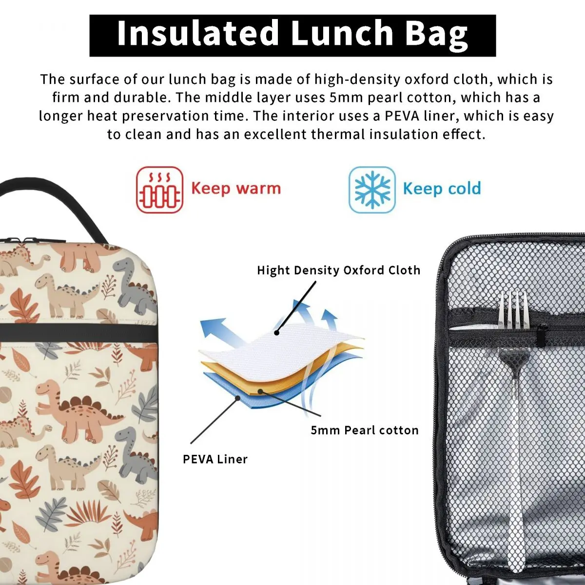 Cartoon Light Color Dinosaur Pattern Insulated Lunch Bag for Women Kids Portable Food Boxes Thermal Lunch Box Tote