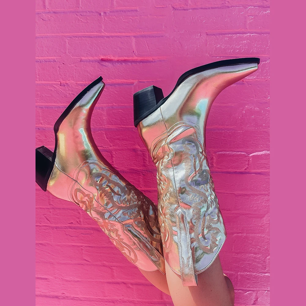 ENMAYER Cowgirls Cowboy Pink Metallic Western Boots for Women Pointed Toe Stacked Heeled Pull on Mid Calf Boots Brand Design