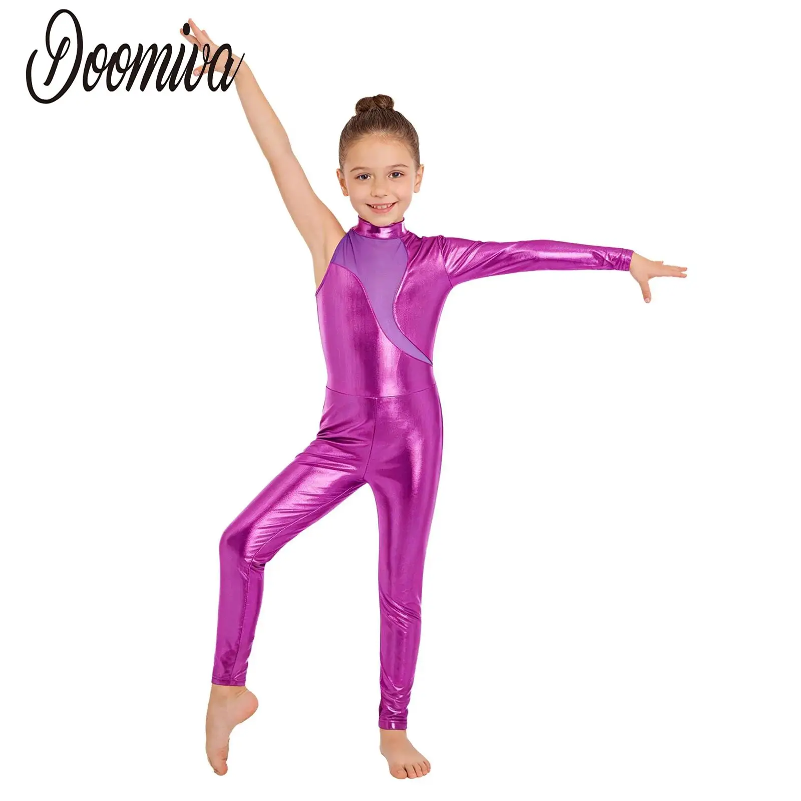

Kids Girls Dance Rhythmic Leotard Jumpsuit Gymnastics One-piece Performance Costume Metallic One Sleeve Full Length Leotards