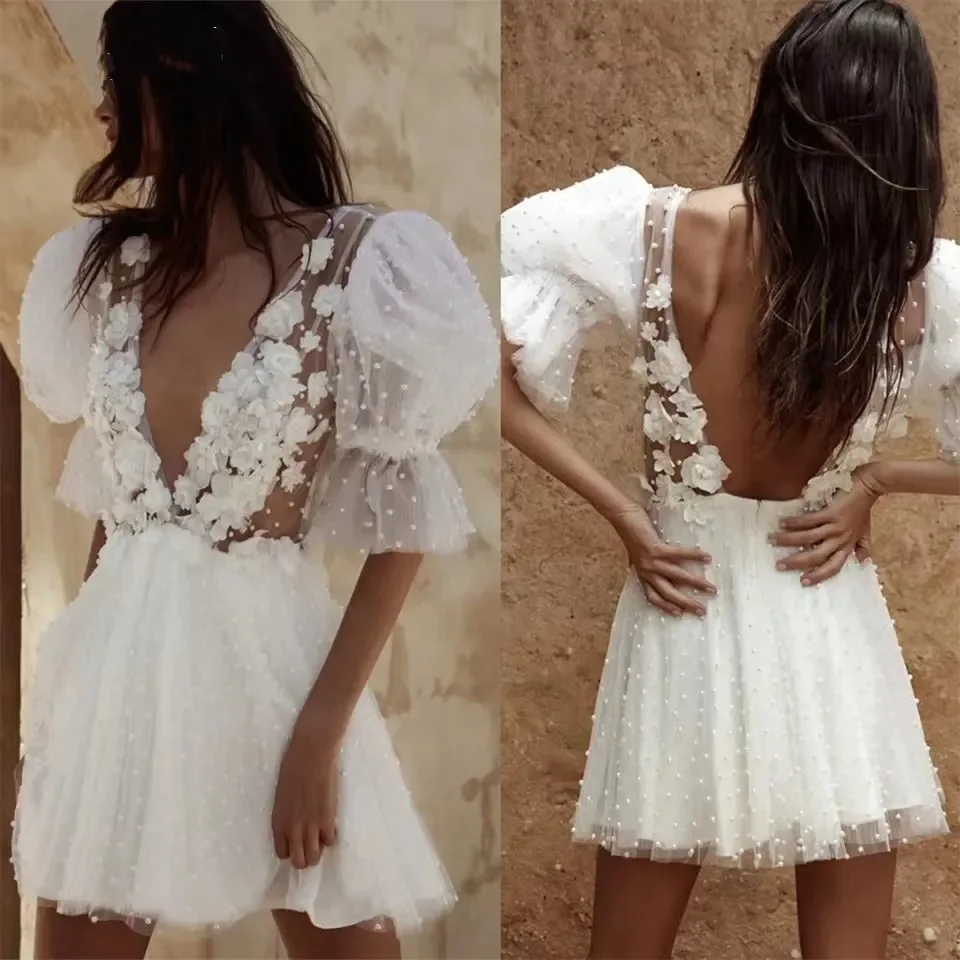 

Short Wedding Dresses Plunging V-Neck Half Sleeves Pearls Flowers Mini Bride Dresses Sexy Backless Illusion Formal Wedding Gowns