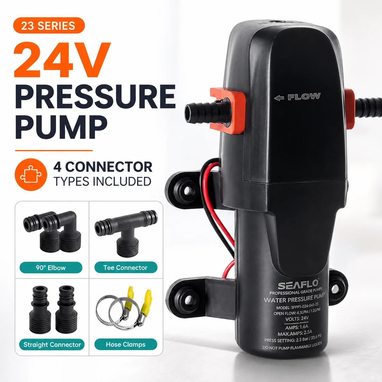 24V 40 PSI Marine Water Pressure Pump Self-Priming Diaphragm Pump for RV Caravan Boat Shower Toilet Water System