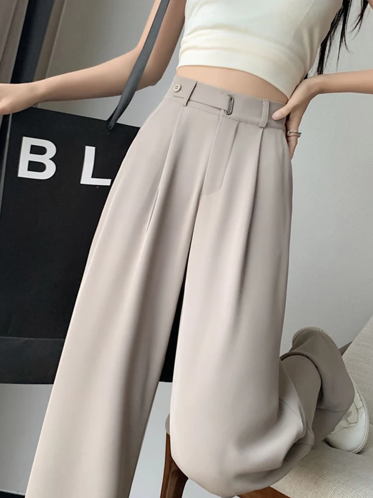 

Slim Fit Ice Silk Wide Leg Pants Women's Summer Thin High Waist Drapey Suit Pants Loose Straight Casual Floor Length Trousers
