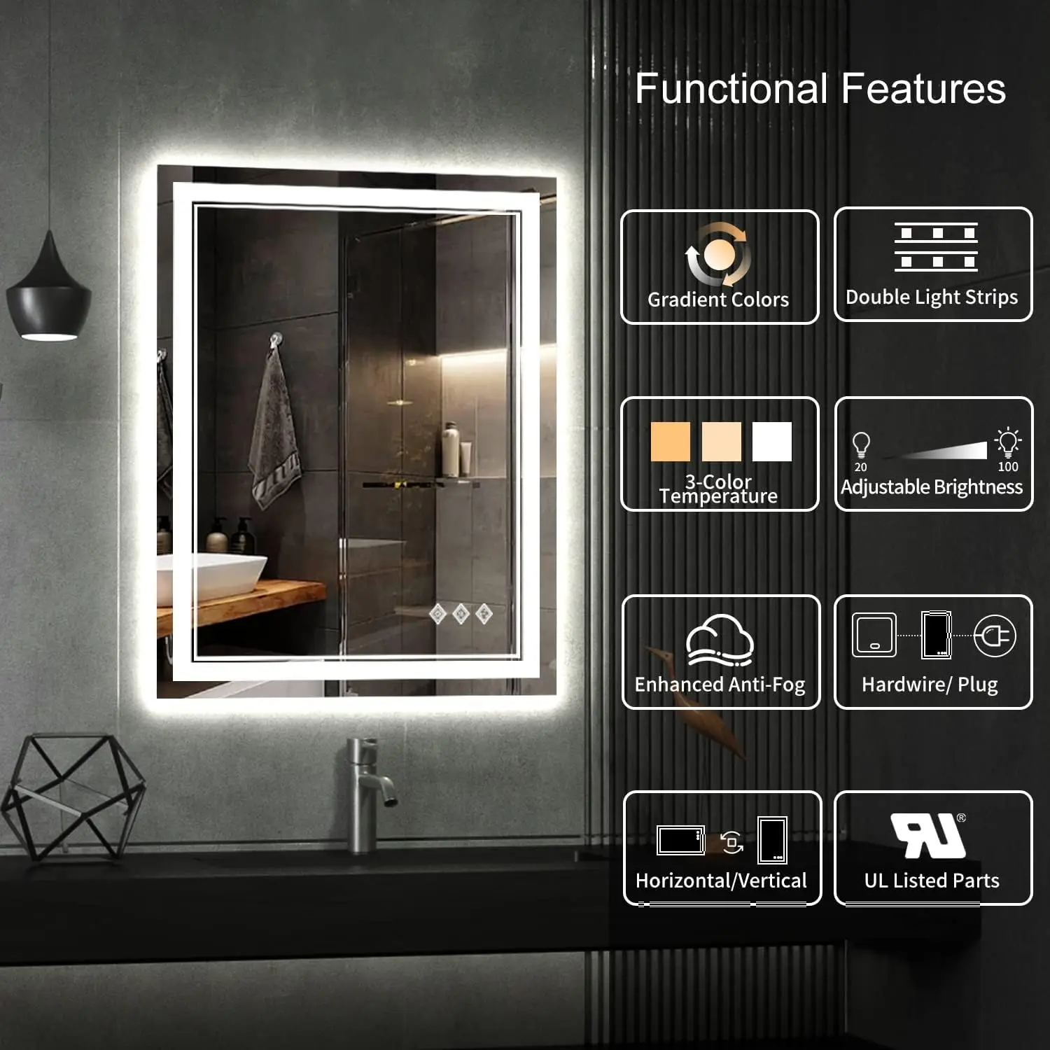 LED Bathroom Mirror 24x32 Inch Gradient Front and Backlit Bathroom 3 Colors Dimmable CRI 90 Double Lights