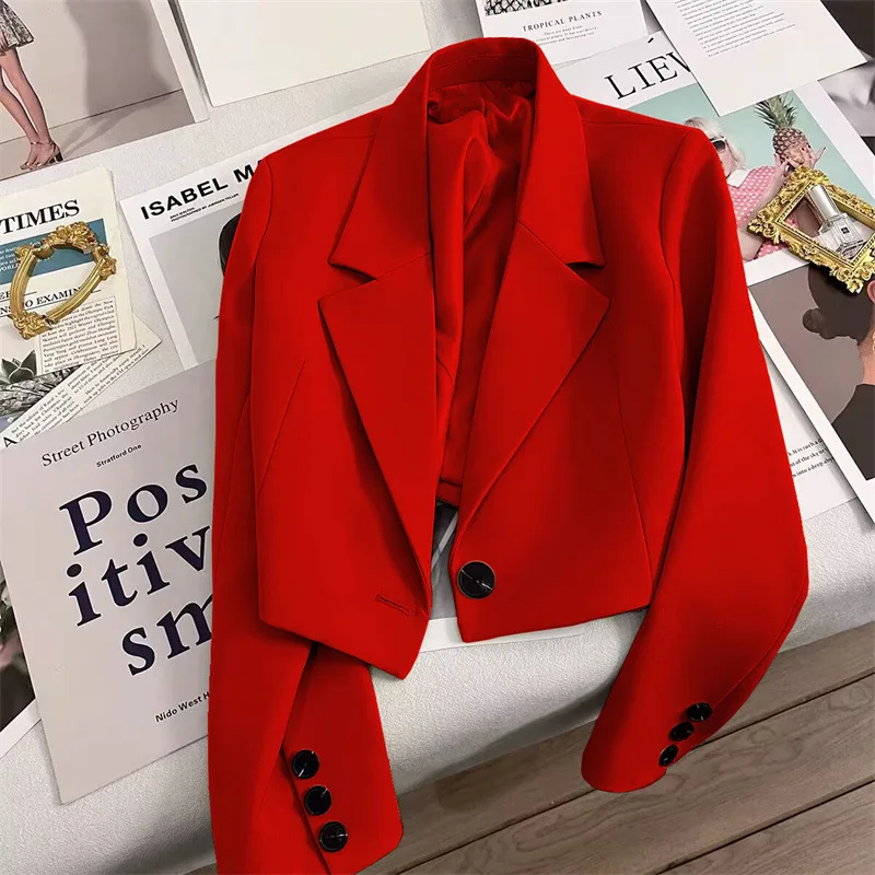 Cropped Blazers Woman New All-match Notched Collar Short Jacket Women Korean Chic Single Button Suit Coat Female Tops Outerwear