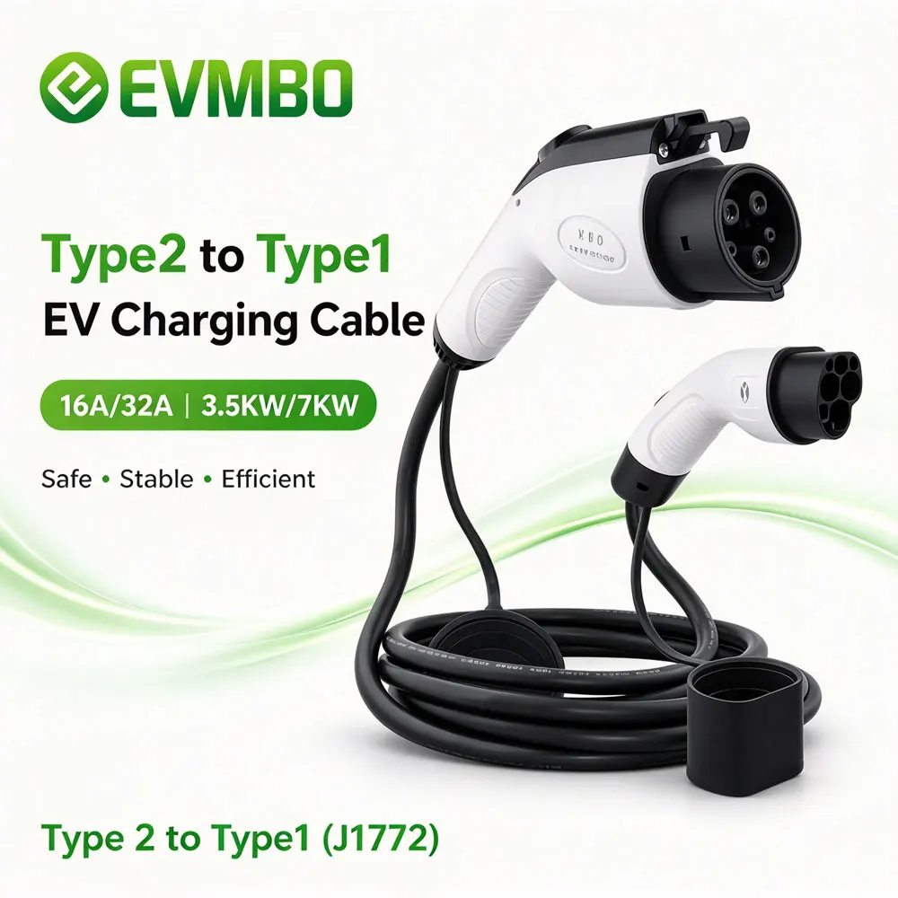 EVMBO Type 2 to Type 1 EV Charging Cable 16A EV Charger Connector for J1772 Electric Vehicles