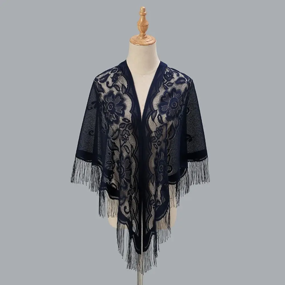 Women Vintage Shawl Tassel Patchwork V-Neck Cardigans Shawl Party Dinner Top Scarf Shawls Mesh Cloak Capelet Fringes