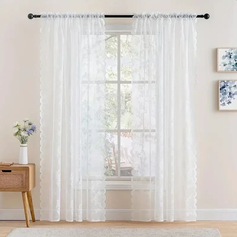 1pc Vintage Floral Embroidery Lace Sheer Clear Curtain White French Door Curtains For Bedroom Kitchen Sheer Curtain Drapes