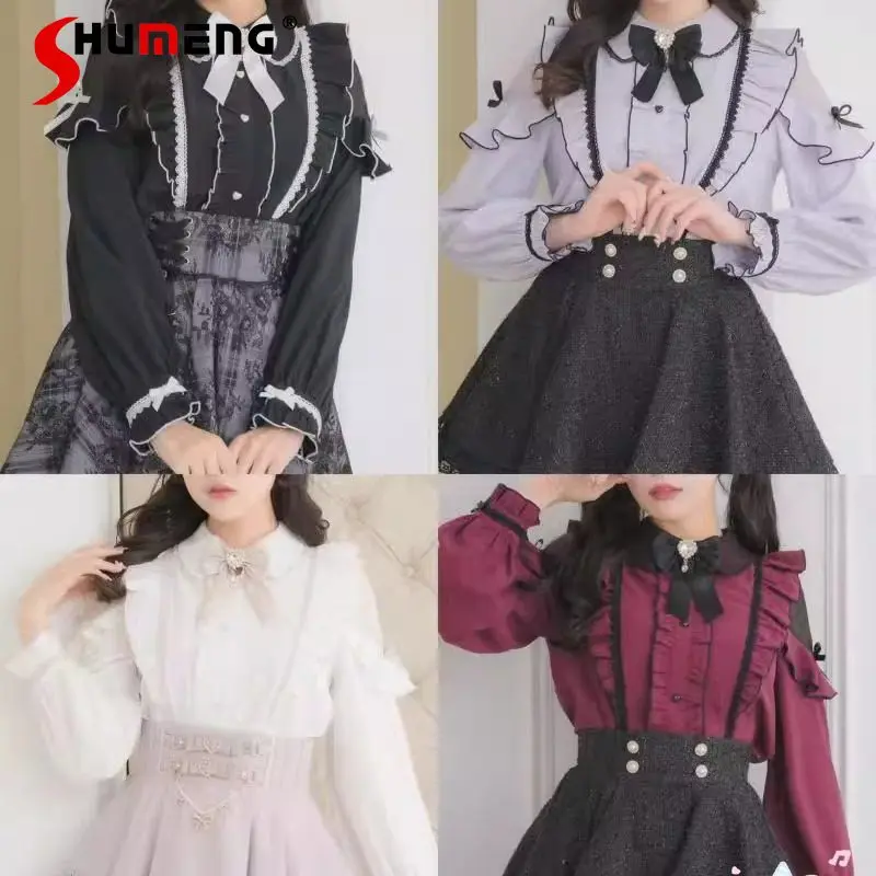 

Japanese Mines Style Mass-Produced Doll Collar Bow Lace Patchwork Long Sleeve Single-Breasted Sweet Lolita Shirts Top for Women
