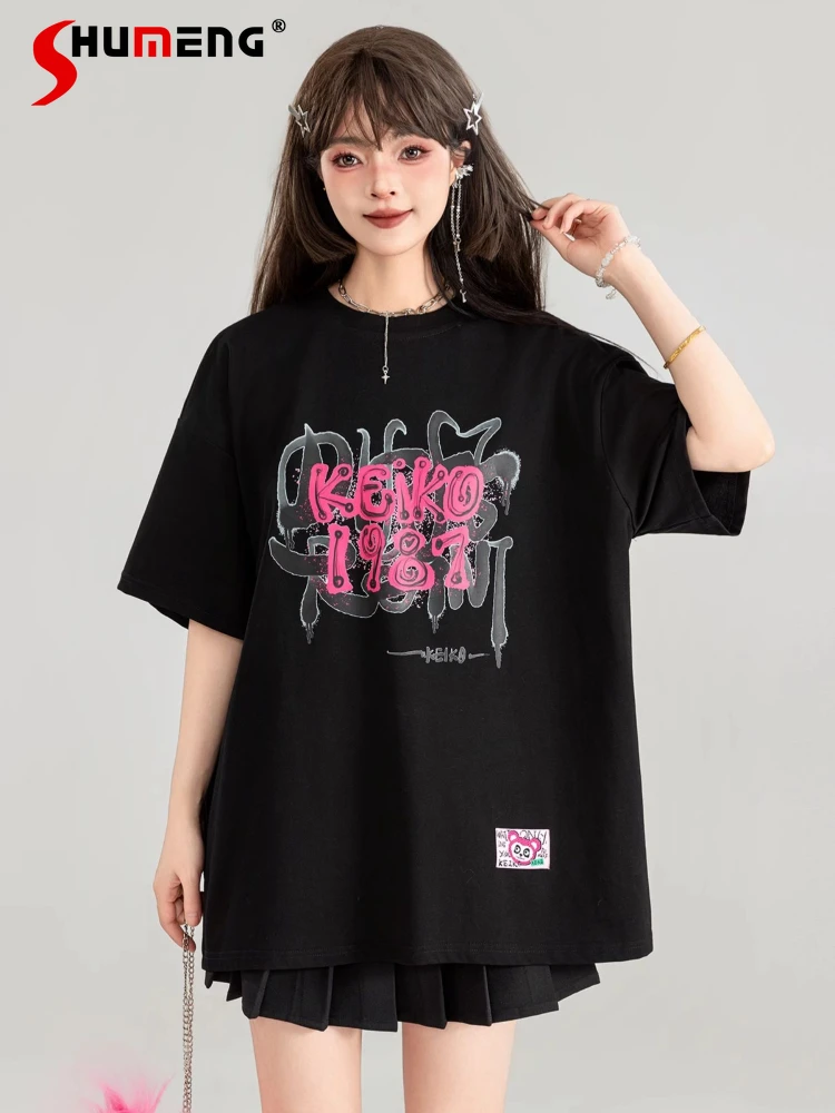 

Street Punk Style Letter Print Short-Sleeve T-shirt HotSweet Back Bowknot Loose Casual Round-Neck Long Top Tees Women Summer