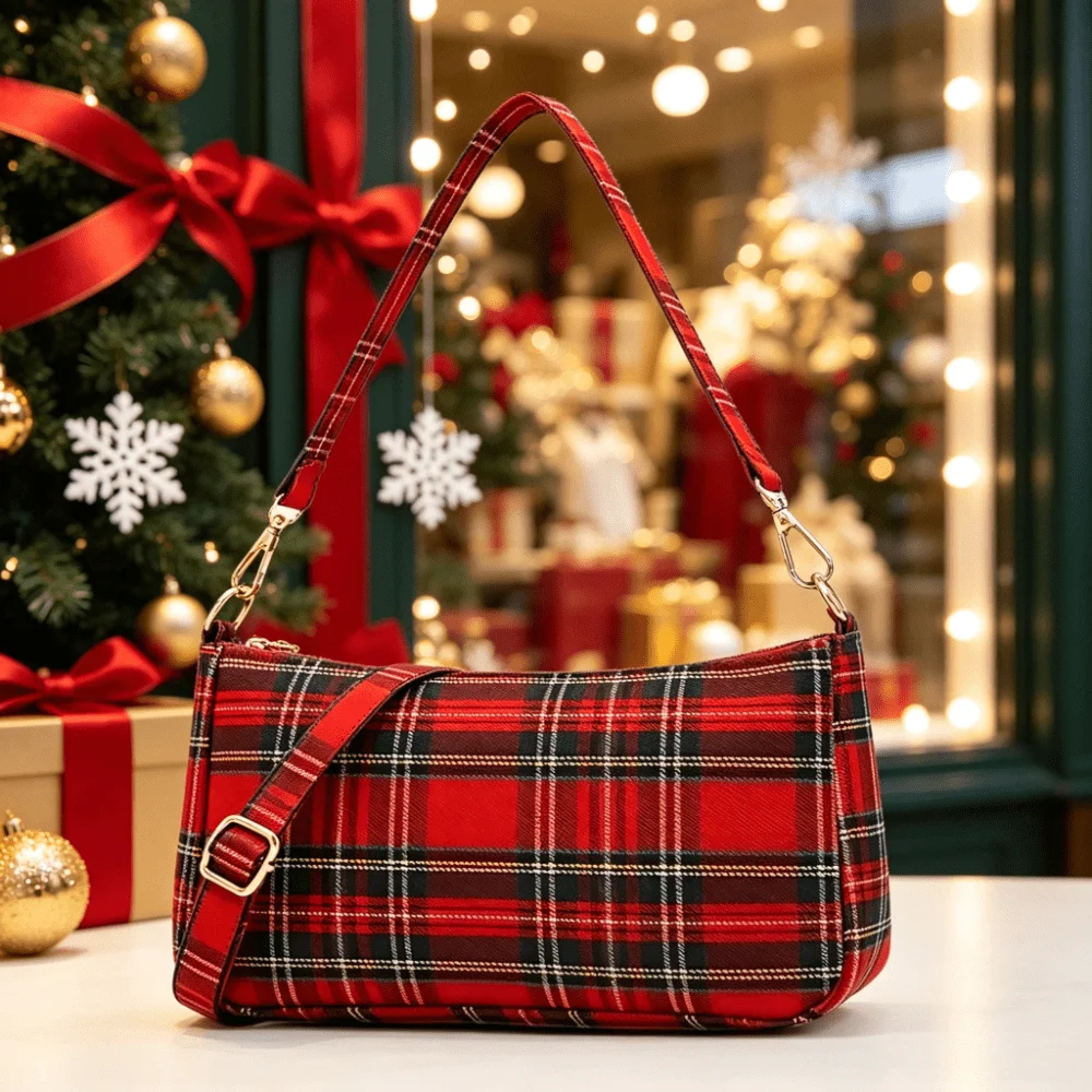 Ladies' Red Scottish Plaid Adjustable Shoulder Crossbody Handbag with Retro Checkerboard Pattern Christmas Gift Holiday Gift