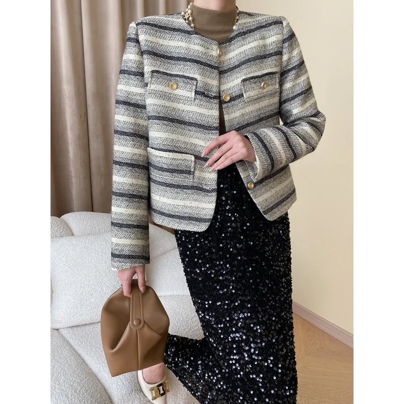 Women French High Quality Sweet Short Jacket Simple Casual Loose Korea Small Fragrant Vintage Striped Blue Tweed Office Coat 167