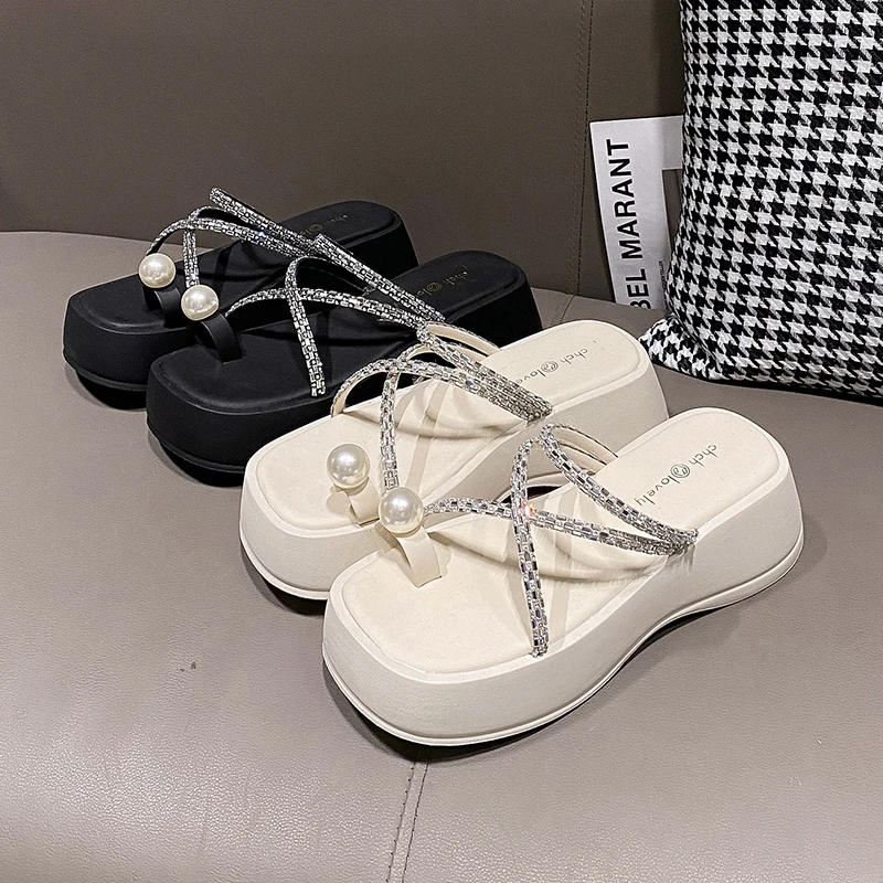 Women's Rhinestone Crisscross Platform Slide Sandals, Fashion Round Open Toe Summer Shoes, Casual Outdoor Beach Slides