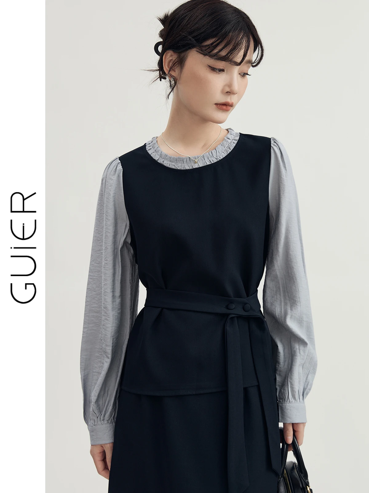 

Women's round Ne irt Belted Waist Design Early Autumn New Sle Small ence Sensation Guier Long Sve Loose Fit