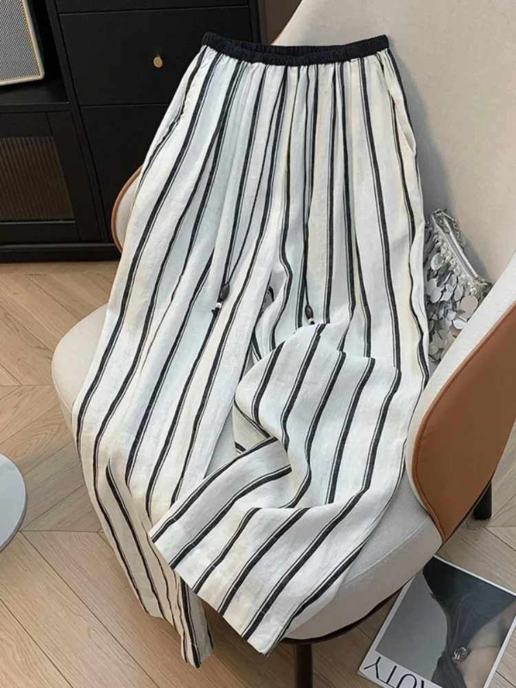 الكورية Sle فريدة من نوعها جميلة الكتان سروال مخطط المرأة الصيف حزام عالية الخصر ثنى مستقيم الساق القطن الكتان عادية واسعة Le...