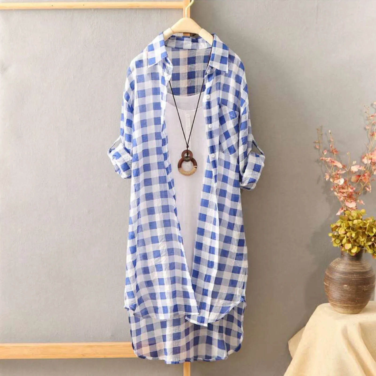 Women Casual Plaid Cotton Shirt Fashion Oversized Loose Button Outdoorwear Tunic Shirt Blouse Female Long sleeve Beach Sun Tops