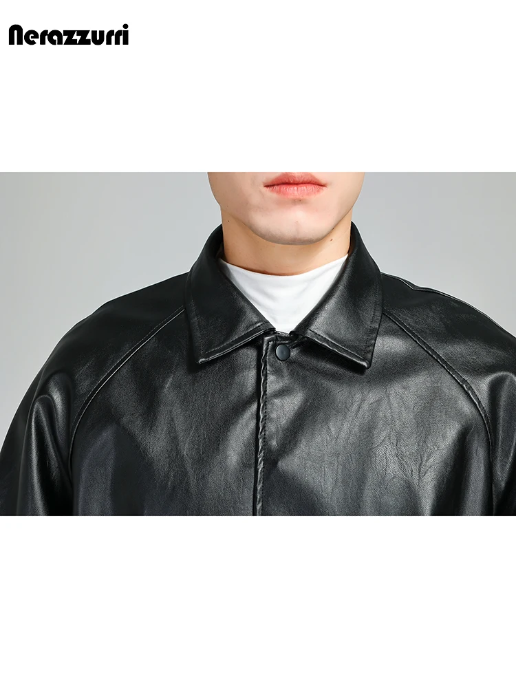 Nerazzurri Spring Autumn Cool Handsome Short Soft Black Pu Leather Jacket Men Turn-down Collar Loose Casual Korean Fashion 2023