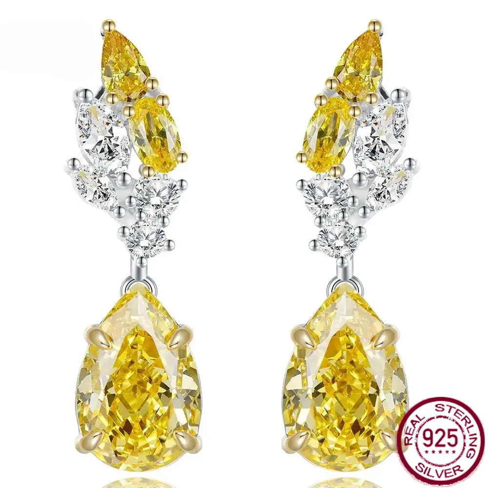 Yaranyan 925 Sterling Silver Radiant Cut 8*12MM Citrine High Carbon Diamond Gemstone Dangle Earrings Wedding Engagement Jewelry