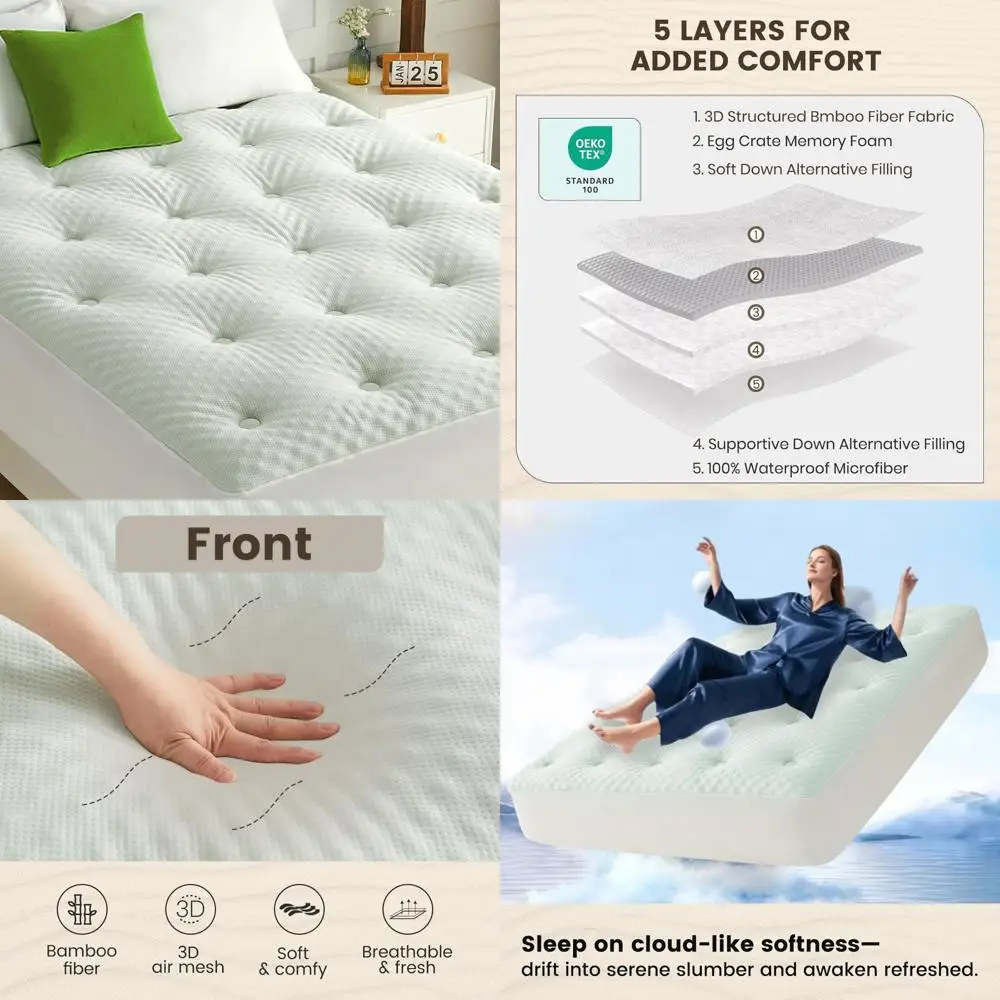 

King Size Reversible Memory Foam Mattress Topper with Egg Crate Design, Bamboo Viscose Cover, and Noiseless Waterproof Protectio