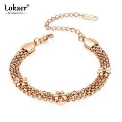 Lokaer Trendy Multi-layer Stainless Steel Three Daisy Flowers Charm Bracelets For Women Girls Bohemia Chain Link Jewelry B17070