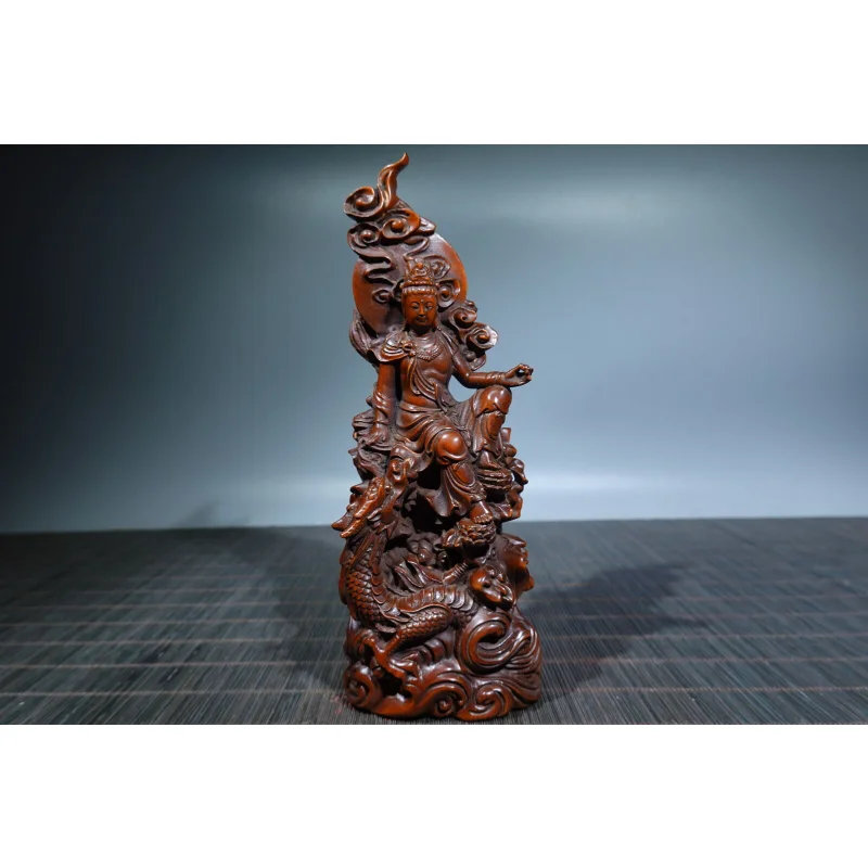 

7.1" Collection Chinese Box-wood Carving Buddhism Kwan-yin Ride Dragon Statue Craft Gift Decoration Home Decore