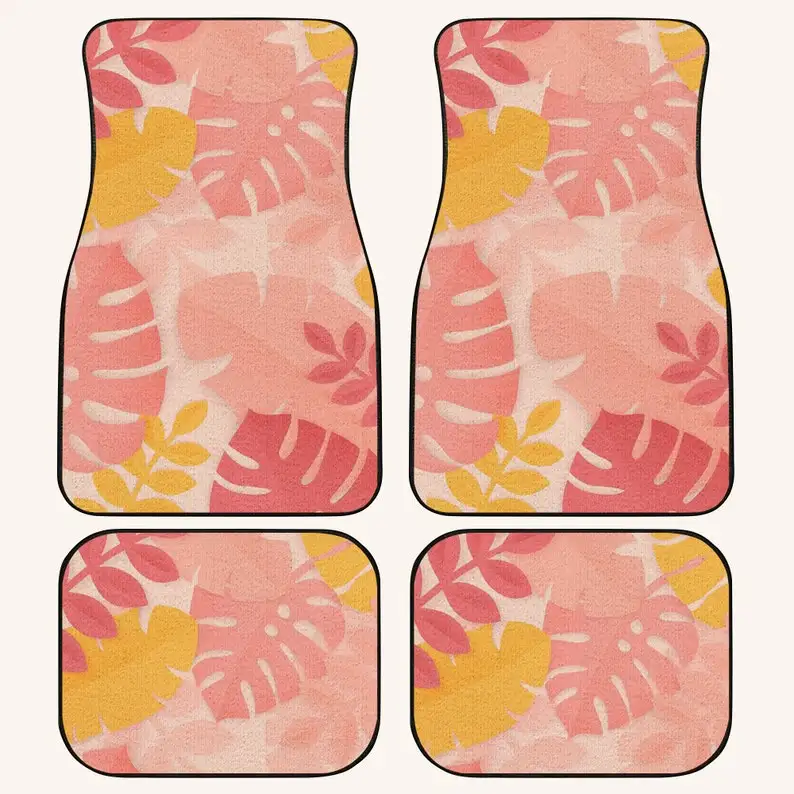 Pink Monstera Leaf Car Floor Mats, Floral Car Mat, Tropical Leaves Car Mat, Car Accessories Gifts, Retro Car Accessories, Interi