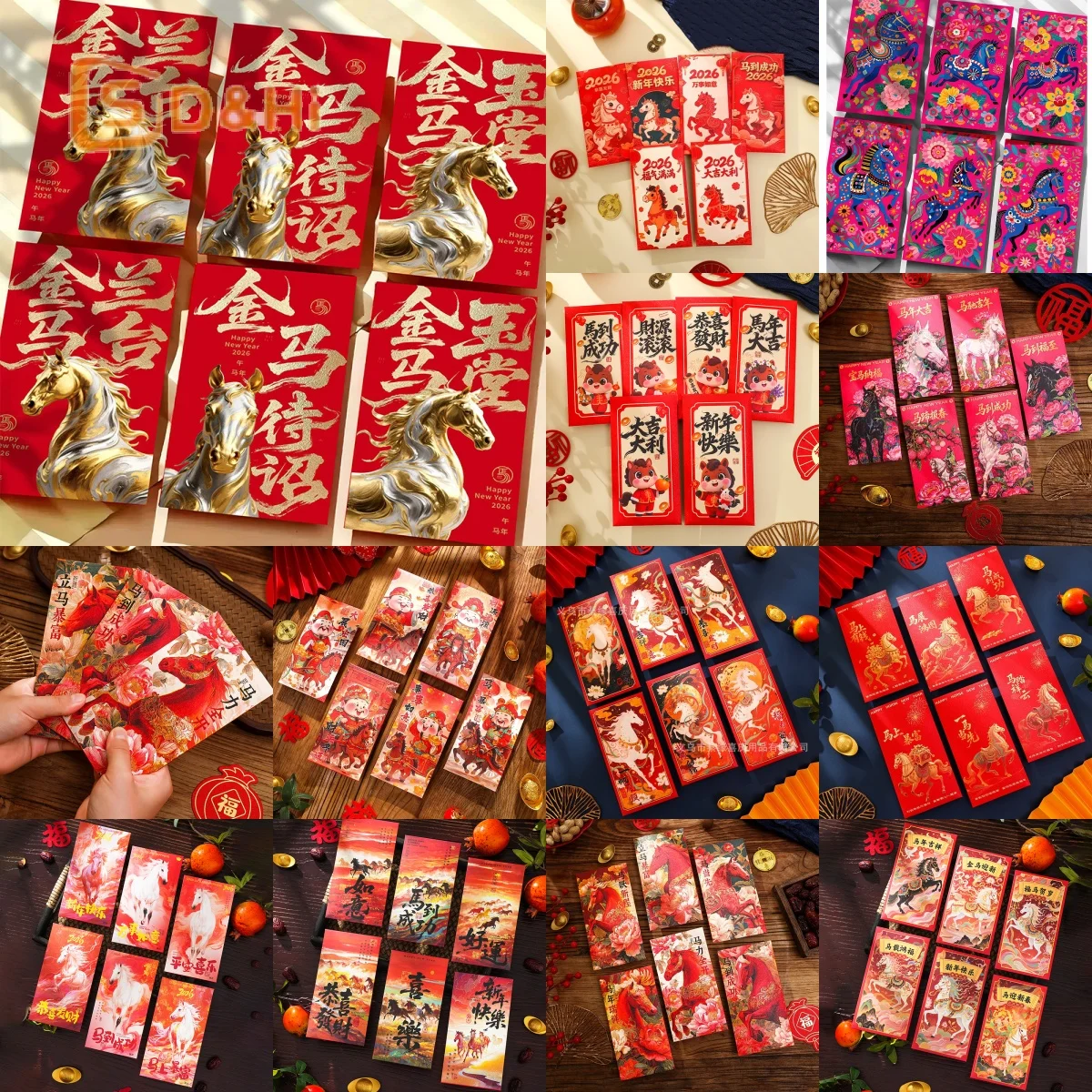 

6Pcs Paper Cute Style Cartoon Red Envelopes Traditional Red Color Blessing Words Money Packets Bag For Chinese New Year Gift