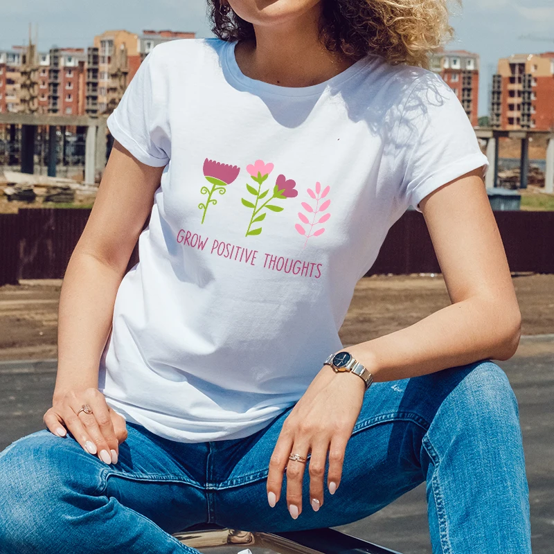 

Summer Womens Short Sleeve CottonTShirt FlowerPositiveThoughts Print for Outdoor Summer Days Young Women with an Uplifting Style
