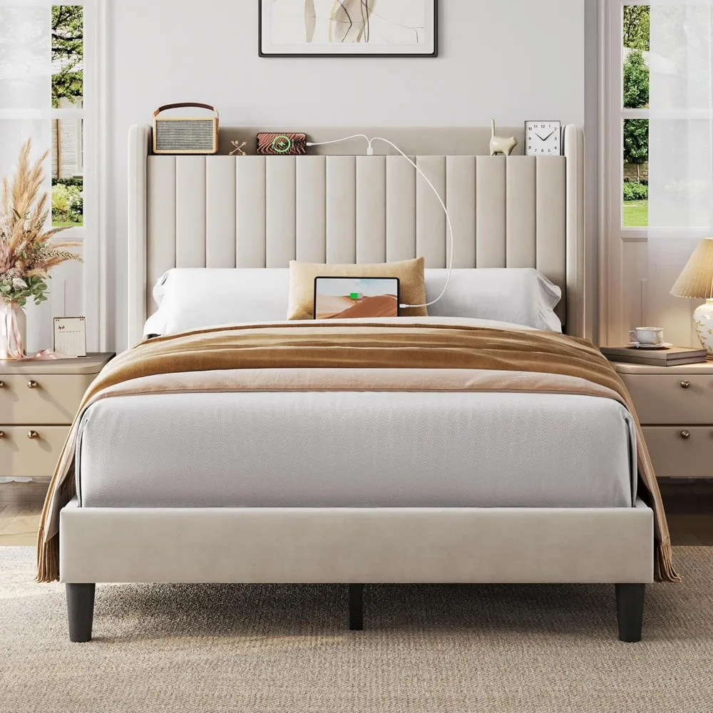 

Full Size Bed Frame with USB Charging, Upholstered Headboard, Strong batten support, Under bed storage, Bed Frame